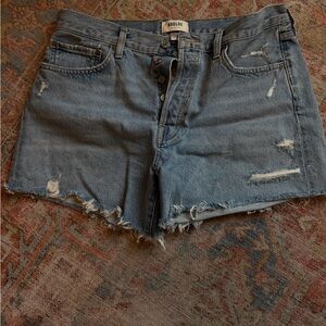Agolde Parker Long Distressed Light Blue Jean Shorts